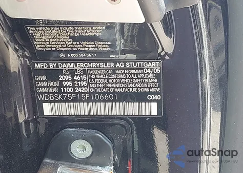 2005 Mercedes-Benz Sl 500 500 from USA, damaged, VIN WDBSK75F15F106601